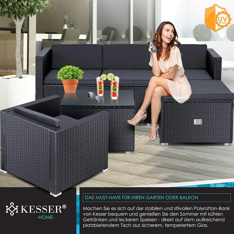 KESSER Polyrattan Lounge Aruba Anthrazit für 4–5 Personen – Gartenmöbel Set mit Sofa, Sessel, Hocker & Tisch