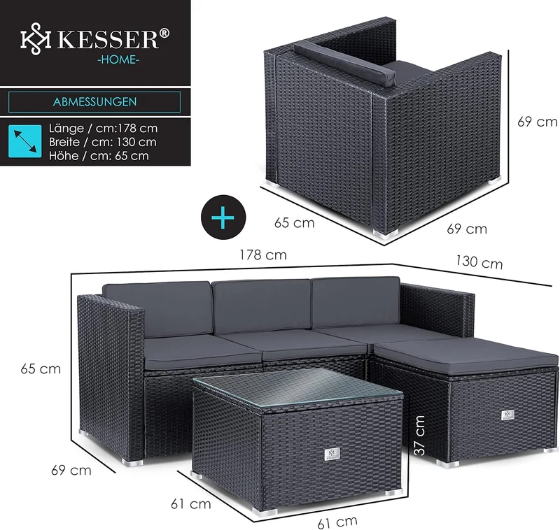 KESSER Polyrattan Lounge Aruba Anthrazit für 4–5 Personen – Gartenmöbel Set mit Sofa, Sessel, Hocker & Tisch