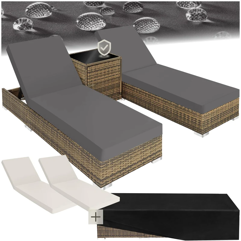 tectake 2er Gartenliegen Set mit Tisch – Polyrattan Sonnenliegen aus Aluminium, 5-fach verstellbar, mit Schutzhüllen