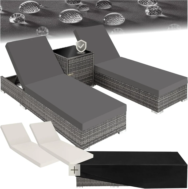 tectake 2er Gartenliegen Set mit Tisch – Polyrattan Sonnenliegen aus Aluminium, 5-fach verstellbar, mit Schutzhüllen