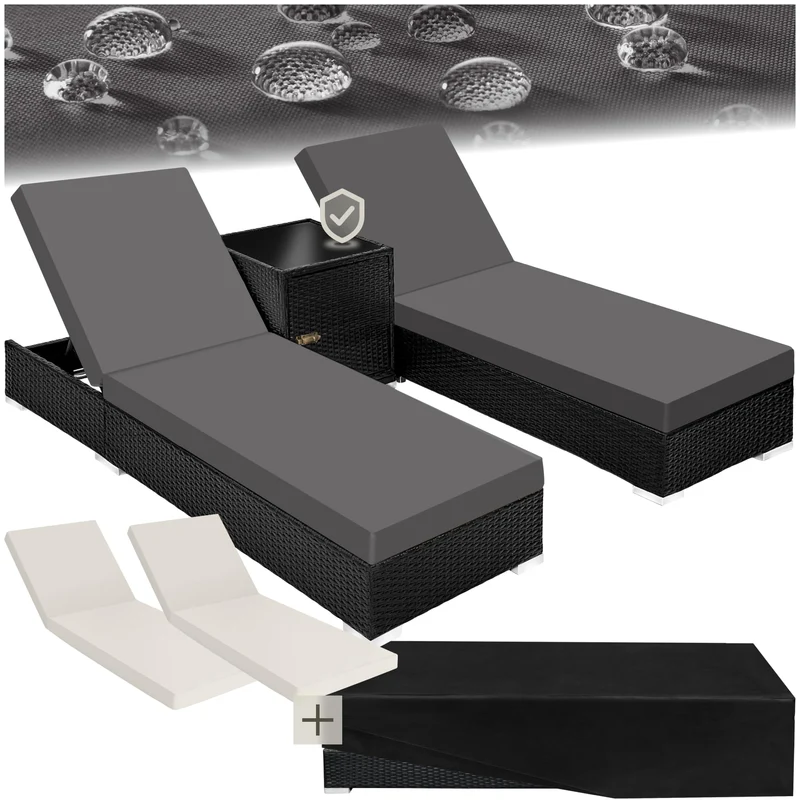 tectake 2er Gartenliegen Set mit Tisch – Polyrattan Sonnenliegen aus Aluminium, 5-fach verstellbar, mit Schutzhüllen