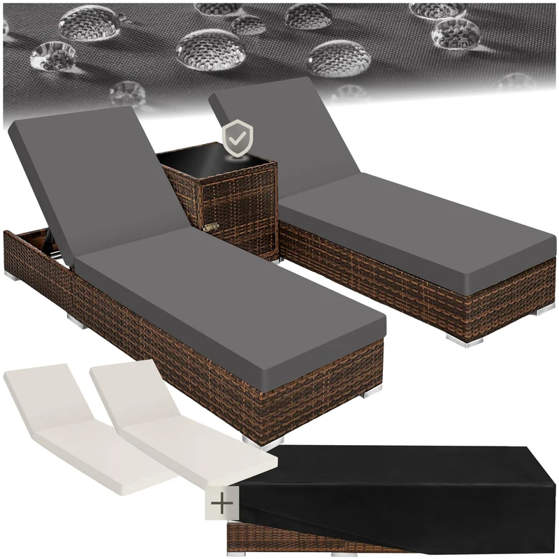 tectake 2er Gartenliegen Set mit Tisch – Polyrattan Sonnenliegen aus Aluminium, 5-fach verstellbar, mit Schutzhüllen