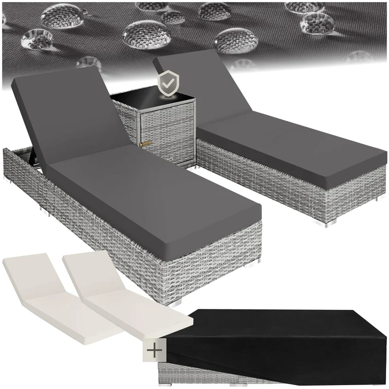 tectake 2er Gartenliegen Set mit Tisch – Polyrattan Sonnenliegen aus Aluminium, 5-fach verstellbar, mit Schutzhüllen