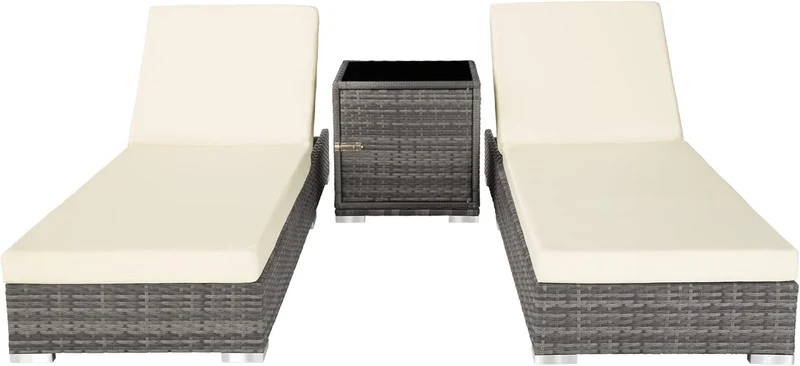tectake 2er Gartenliegen Set mit Tisch – Polyrattan Sonnenliegen aus Aluminium, 5-fach verstellbar, mit Schutzhüllen