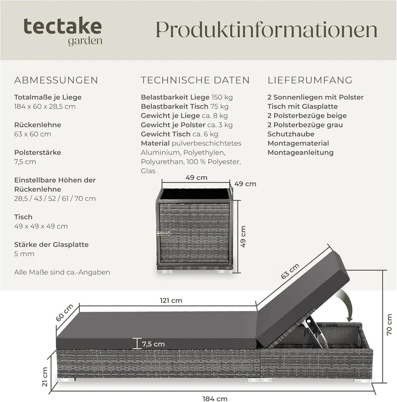 tectake 2er Gartenliegen Set mit Tisch – Polyrattan Sonnenliegen aus Aluminium, 5-fach verstellbar, mit Schutzhüllen