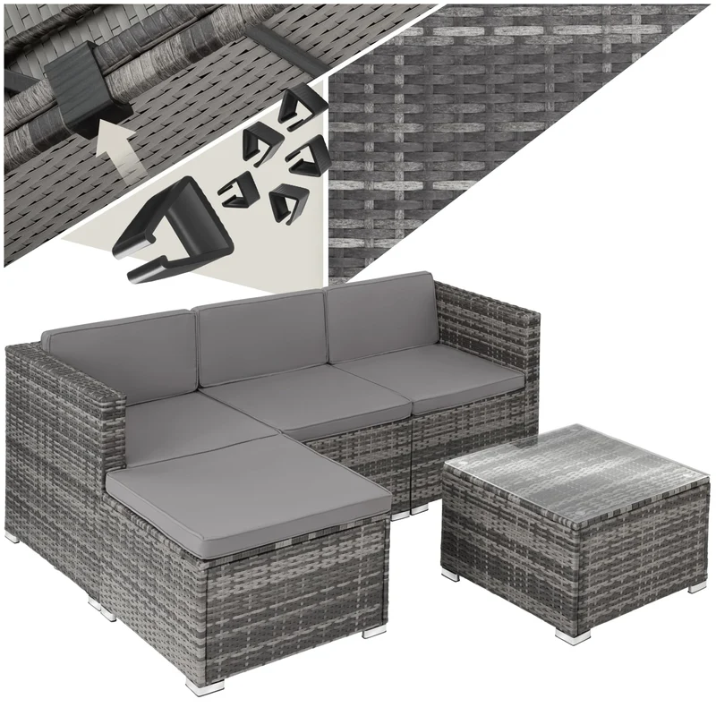 tectake Gartenmöbel Set Poly Rattan mit Sofa, Sesseln, Hocker & Tisch, modulare Gartenlounge wetterfest für Garten, Terrasse & Balkon
