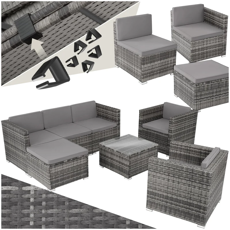 tectake Gartenmöbel Set Poly Rattan mit Sofa, Sesseln, Hocker & Tisch, modulare Gartenlounge wetterfest für Garten, Terrasse & Balkon