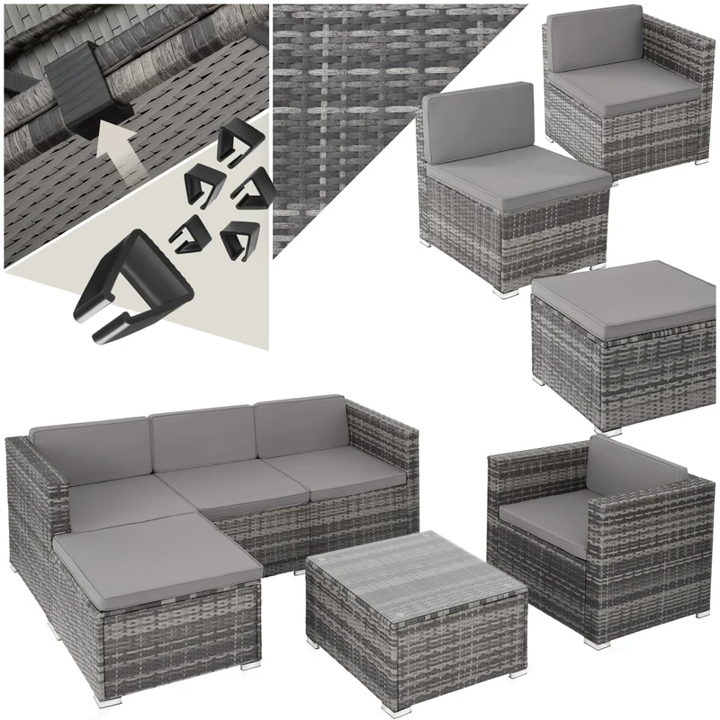 tectake Gartenmöbel Set Poly Rattan mit Sofa, Sesseln, Hocker & Tisch, modulare Gartenlounge wetterfest für Garten, Terrasse & Balkon