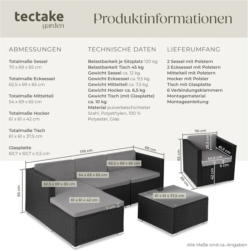 tectake Gartenmöbel Set Poly Rattan mit Sofa, Sesseln, Hocker & Tisch, modulare Gartenlounge wetterfest für Garten, Terrasse & Balkon