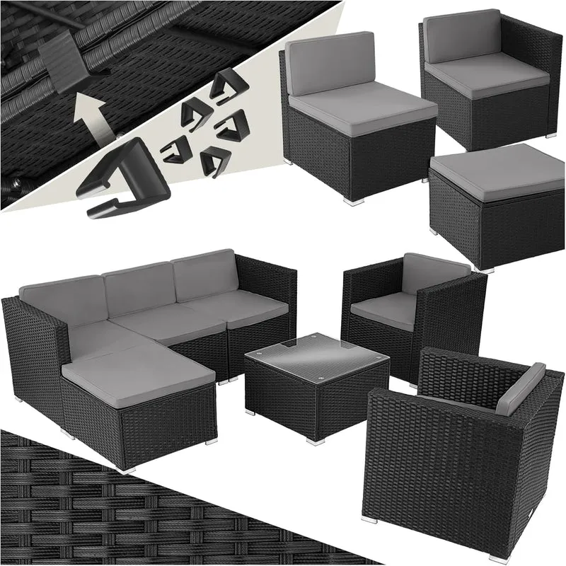 tectake Gartenmöbel Set Poly Rattan mit Sofa, Sesseln, Hocker & Tisch, modulare Gartenlounge wetterfest für Garten, Terrasse & Balkon