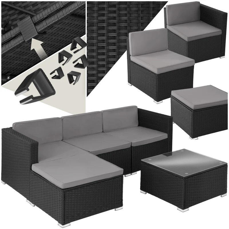 tectake Gartenmöbel Set Poly Rattan mit Sofa, Sesseln, Hocker & Tisch, modulare Gartenlounge wetterfest für Garten, Terrasse & Balkon