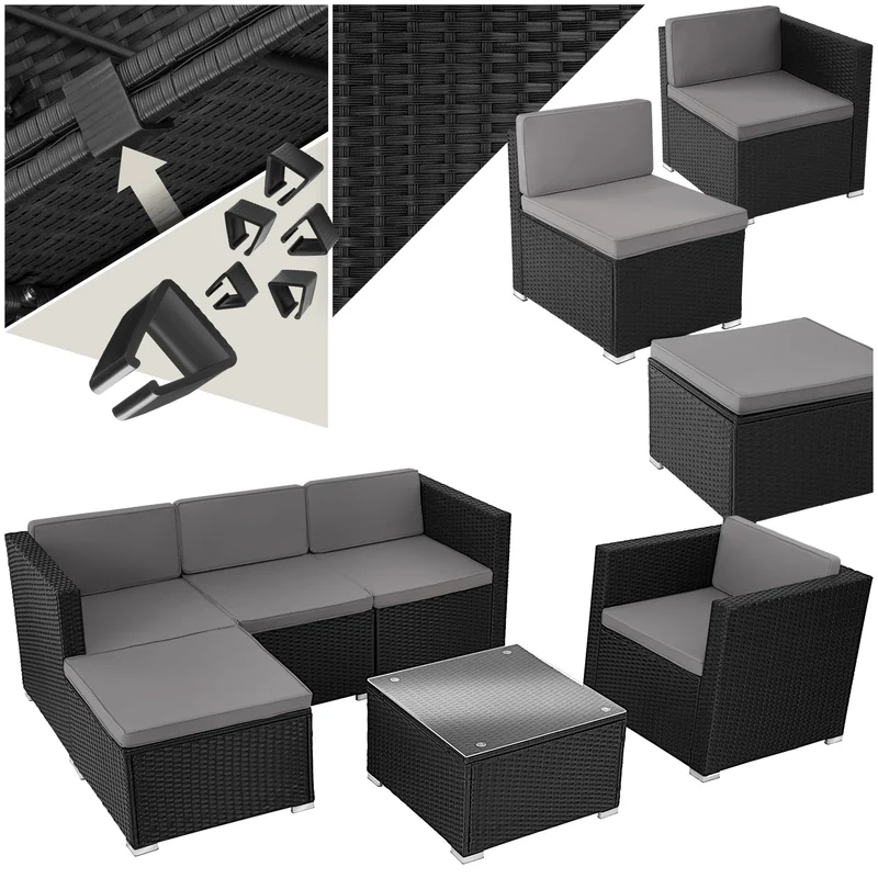 tectake Gartenmöbel Set Poly Rattan mit Sofa, Sesseln, Hocker & Tisch, modulare Gartenlounge wetterfest für Garten, Terrasse & Balkon