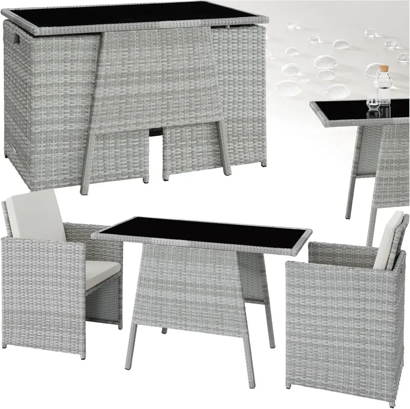 tectake Poly Rattan Balkonmöbel Set für 2 Personen Hellgrau – 2 Sessel & Tisch, Platzsparende Gartenlounge mit Kissen