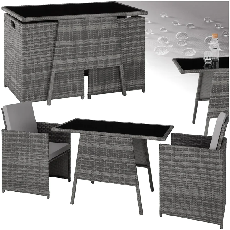 tectake Poly Rattan Balkonmöbel Set für 2 Personen Hellgrau – 2 Sessel & Tisch, Platzsparende Gartenlounge mit Kissen
