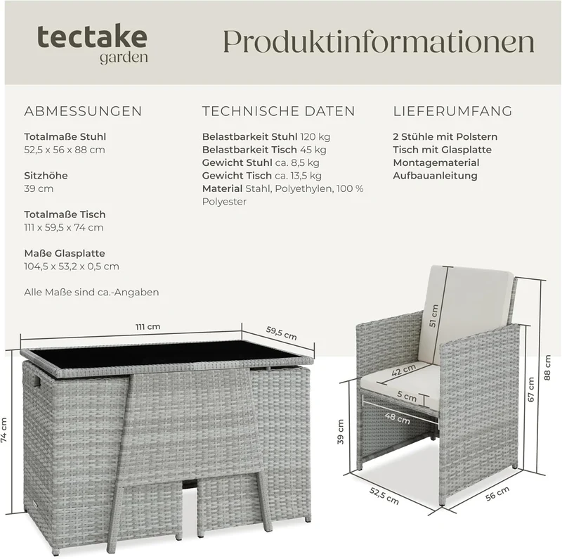 tectake Poly Rattan Balkonmöbel Set für 2 Personen Hellgrau – 2 Sessel & Tisch, Platzsparende Gartenlounge mit Kissen