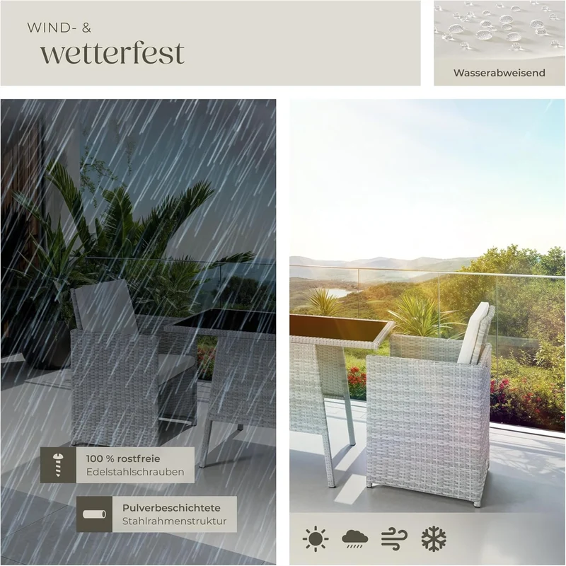 tectake Poly Rattan Balkonmöbel Set für 2 Personen Hellgrau – 2 Sessel & Tisch, Platzsparende Gartenlounge mit Kissen