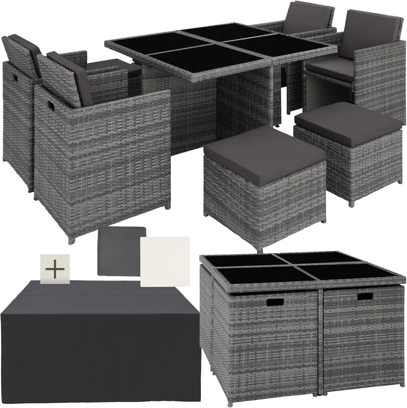 tectake Rattan Lounge Set mit Aluminiumgestell, 4 Stühle, 4 Hocker & Glastisch Wetterfeste Gartenmöbel