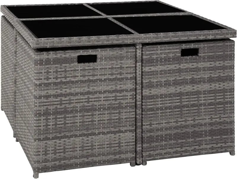 tectake Rattan Lounge Set mit Aluminiumgestell, 4 Stühle, 4 Hocker & Glastisch Wetterfeste Gartenmöbel