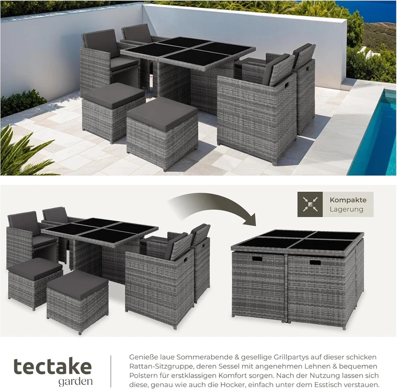 tectake Rattan Lounge Set mit Aluminiumgestell, 4 Stühle, 4 Hocker & Glastisch Wetterfeste Gartenmöbel