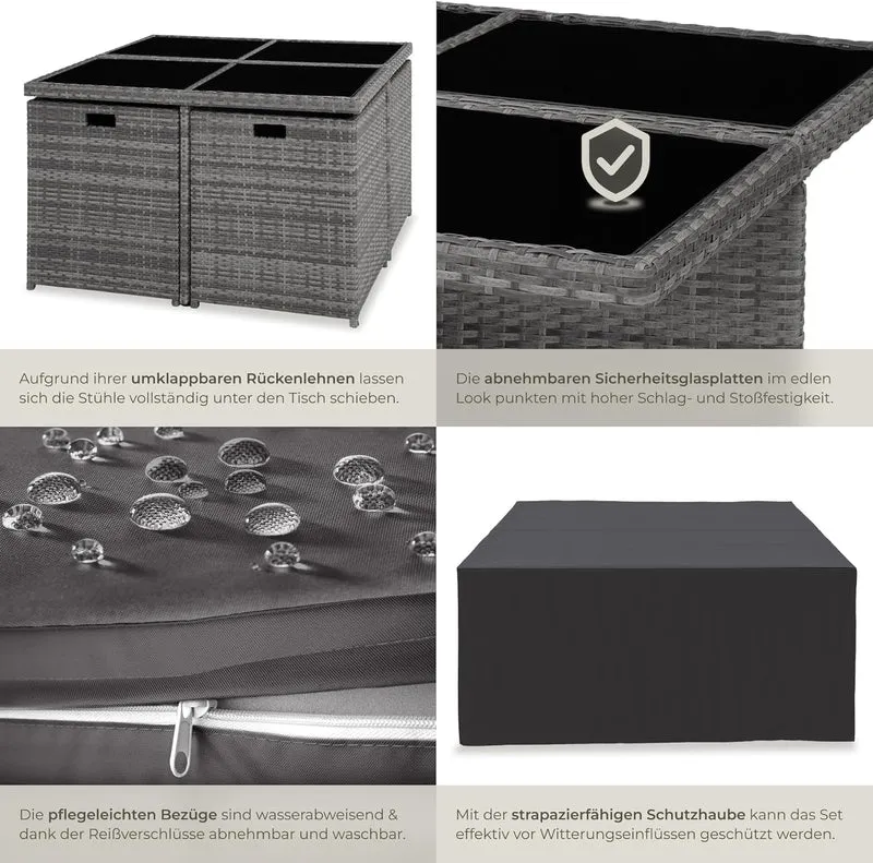 tectake Rattan Lounge Set mit Aluminiumgestell, 4 Stühle, 4 Hocker & Glastisch Wetterfeste Gartenmöbel