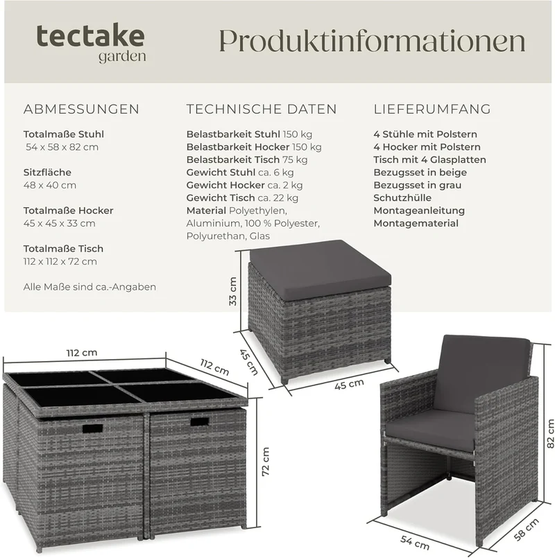 tectake Rattan Lounge Set mit Aluminiumgestell, 4 Stühle, 4 Hocker & Glastisch Wetterfeste Gartenmöbel