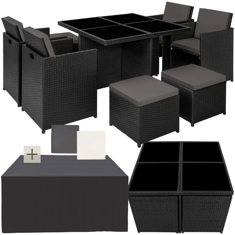 tectake Rattan Lounge Set mit Aluminiumgestell, 4 Stühle, 4 Hocker & Glastisch Wetterfeste Gartenmöbel
