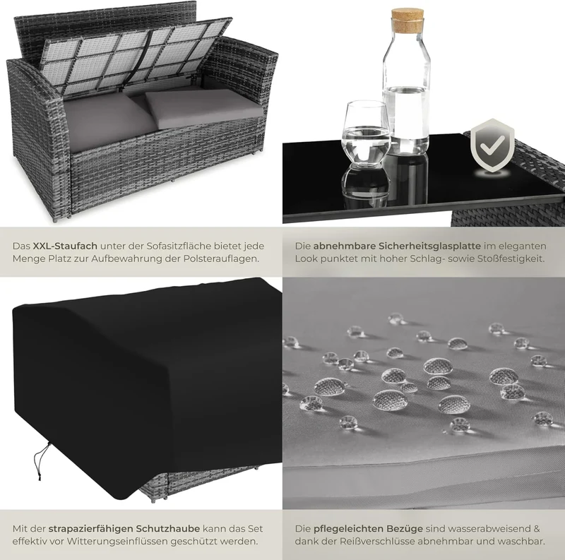 tectake Polyrattan Gartenmöbel Set 4 Personen mit Hocker & Auflagenbox – Garten Lounge Set mit Sofa, Tisch & Kissen für Balkon und Terrasse