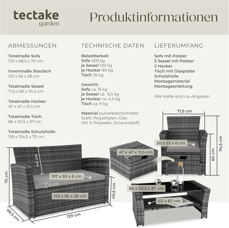 tectake Polyrattan Gartenmöbel Set 4 Personen mit Hocker & Auflagenbox – Garten Lounge Set mit Sofa, Tisch & Kissen für Balkon und Terrasse