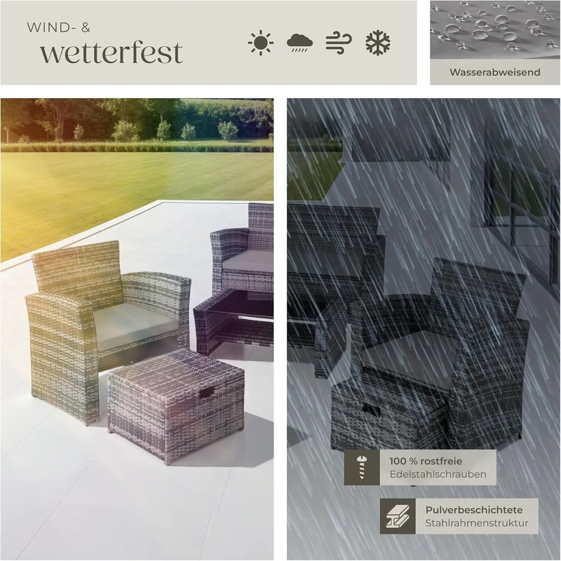tectake Polyrattan Gartenmöbel Set 4 Personen mit Hocker & Auflagenbox – Garten Lounge Set mit Sofa, Tisch & Kissen für Balkon und Terrasse