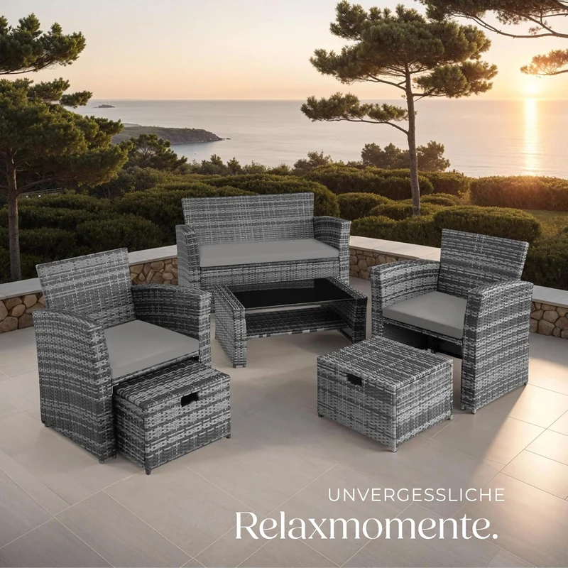tectake Polyrattan Gartenmöbel Set 4 Personen mit Hocker & Auflagenbox – Garten Lounge Set mit Sofa, Tisch & Kissen für Balkon und Terrasse