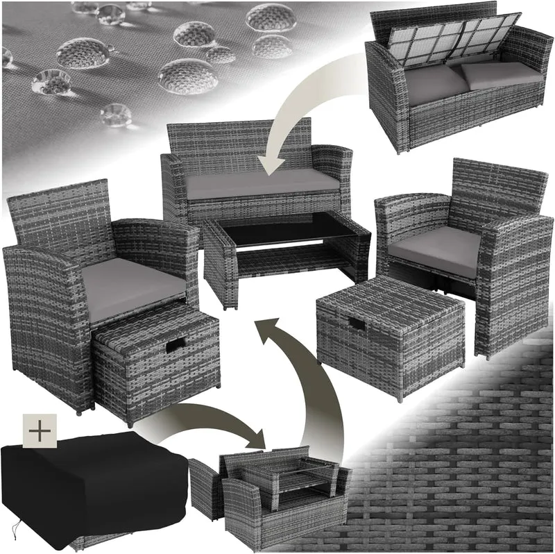 tectake Polyrattan Gartenmöbel Set 4 Personen mit Hocker & Auflagenbox – Garten Lounge Set mit Sofa, Tisch & Kissen für Balkon und Terrasse