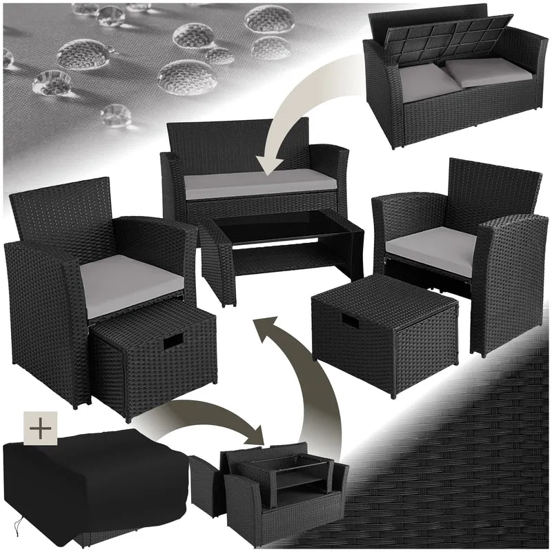 tectake Polyrattan Gartenmöbel Set 4 Personen mit Hocker & Auflagenbox – Garten Lounge Set mit Sofa, Tisch & Kissen für Balkon und Terrasse
