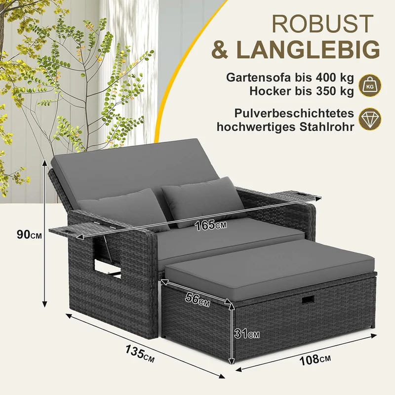 UDPATIO Rattan Lounge Sofa 2-Sitzer Grau mit Hocker & Stauraum, verstellbare Rückenlehne, Gartenmöbel Set aus PE-Rattan für Balkon & Terrasse