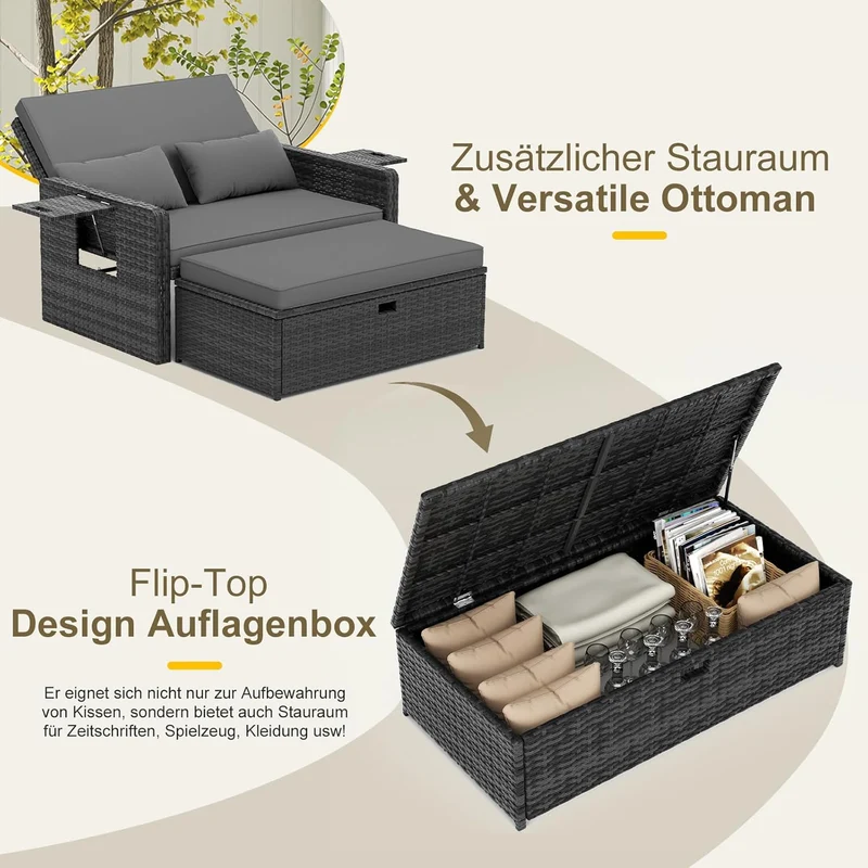 UDPATIO Rattan Lounge Sofa 2-Sitzer Grau mit Hocker & Stauraum, verstellbare Rückenlehne, Gartenmöbel Set aus PE-Rattan für Balkon & Terrasse