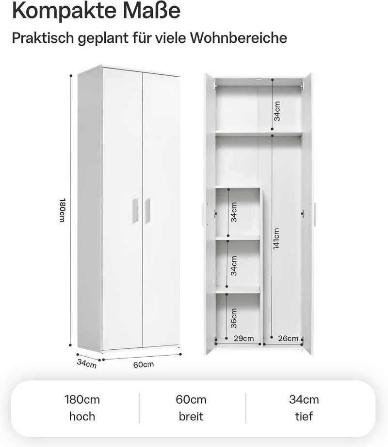mokebo Mehrzweckschrank Besenschrank (60x180 cm) 'Der Lange' Made in Germany aus Holz auch als Haushaltsschrank Putzschrank Vorratsschrank Flurschrank Weiß