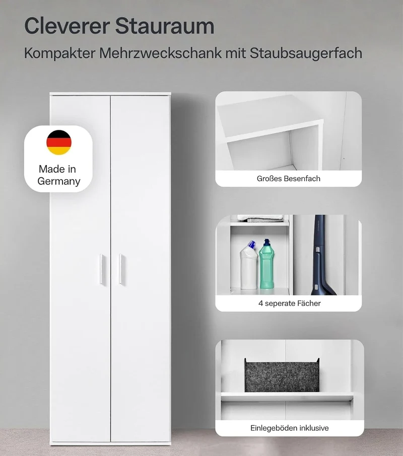 mokebo Mehrzweckschrank Besenschrank (60x180 cm) 'Der Lange' Made in Germany aus Holz auch als Haushaltsschrank Putzschrank Vorratsschrank Flurschrank Weiß