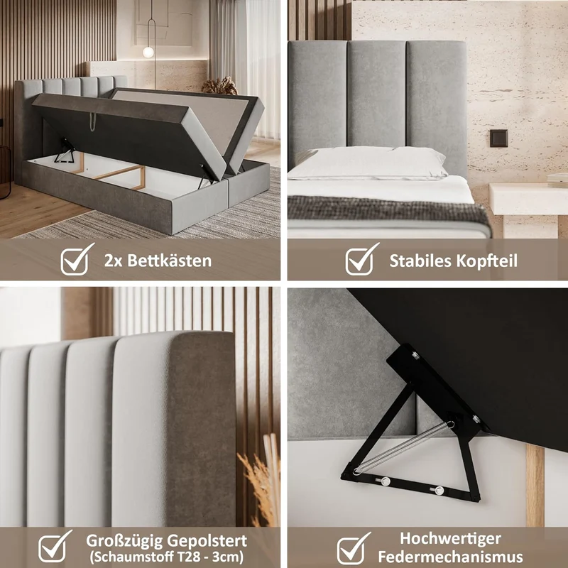 Motivena Santiago Boxspringbett 160x200 Beige Samt mit Bettkasten – Matratze H4 & Topper H3, Polsterbett mit Kopfteil