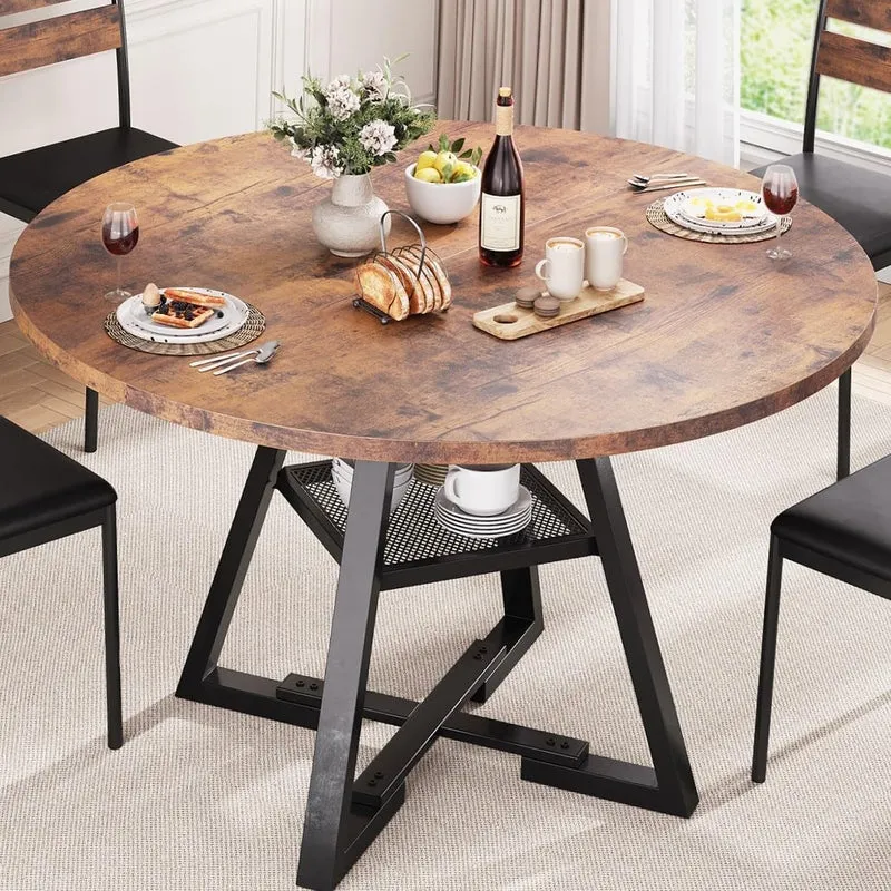 Jocoevol Esstisch Runder für 2–4 Personen, Esszimmertisch mit Ablage, platzsparender Küchentisch aus Holz im Industrial Design (Schwarz, 107x107x76cm)