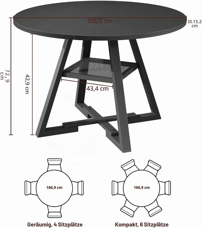Jocoevol Esstisch Runder für 2–4 Personen, Esszimmertisch mit Ablage, platzsparender Küchentisch aus Holz im Industrial Design (Schwarz, 107x107x76cm)