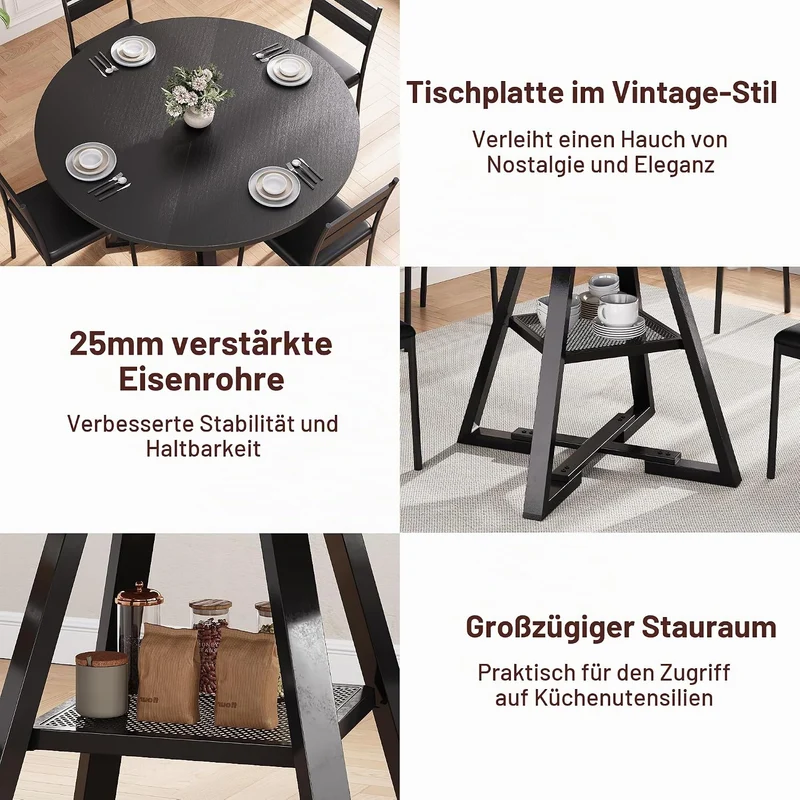 Jocoevol Esstisch Runder für 2–4 Personen, Esszimmertisch mit Ablage, platzsparender Küchentisch aus Holz im Industrial Design (Schwarz, 107x107x76cm)