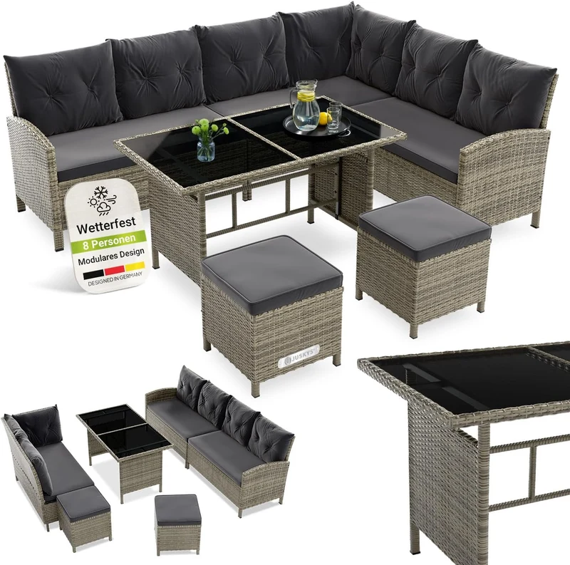 Juskys Gartenlounge Polyrattan Grau, Ecksofa mit Tisch & 2 Hockern, Gartenmöbel Set für 7 Personen, wetterfest
