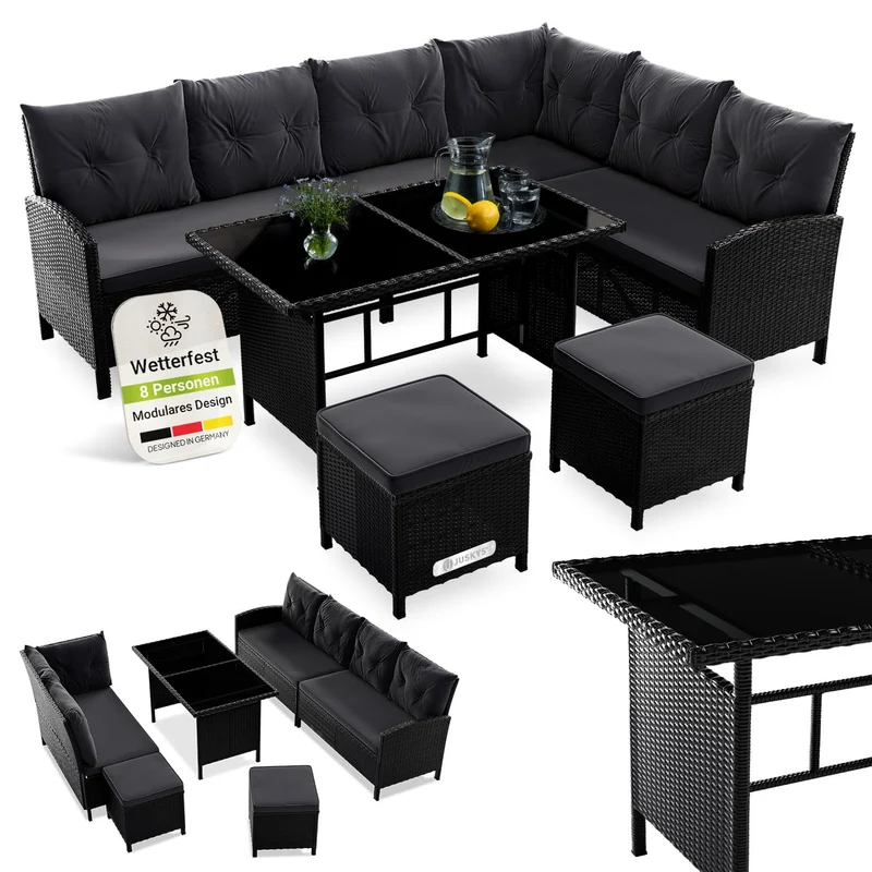 Juskys Gartenlounge Polyrattan Grau, Ecksofa mit Tisch & 2 Hockern, Gartenmöbel Set für 7 Personen, wetterfest