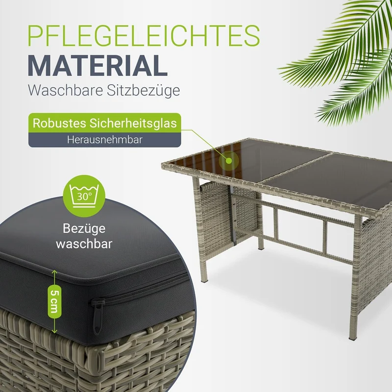 Juskys Gartenlounge Polyrattan Grau, Ecksofa mit Tisch & 2 Hockern, Gartenmöbel Set für 7 Personen, wetterfest