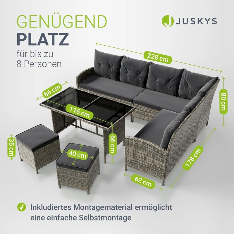 Juskys Gartenlounge Polyrattan Grau, Ecksofa mit Tisch & 2 Hockern, Gartenmöbel Set für 7 Personen, wetterfest
