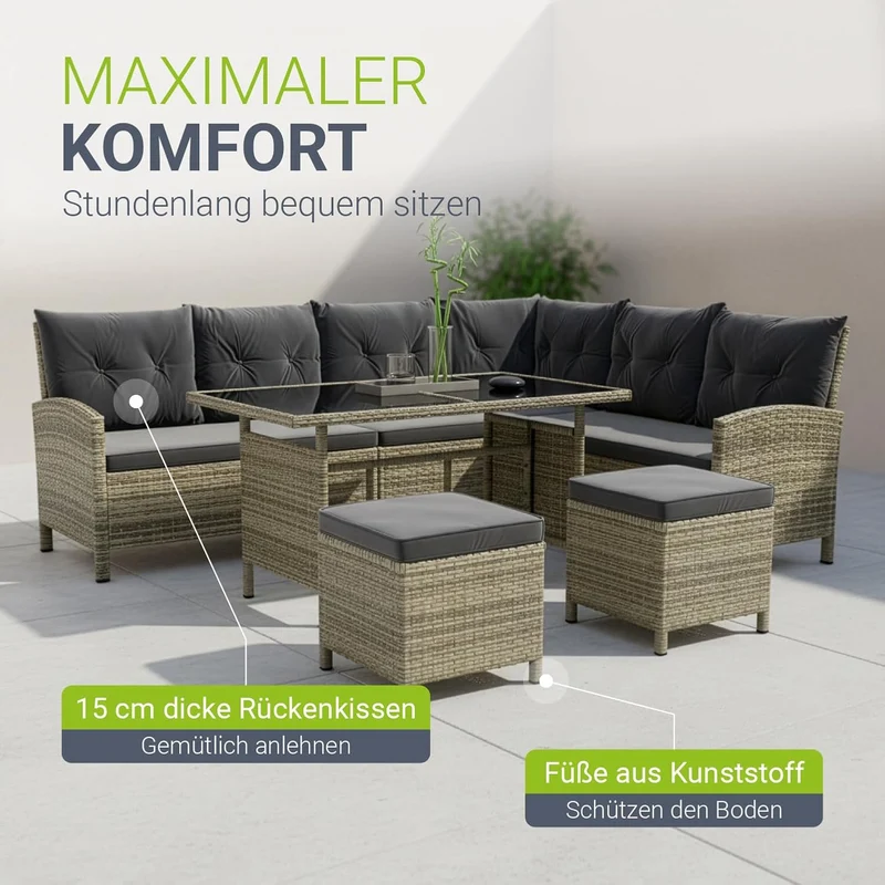 Juskys Gartenlounge Polyrattan Grau, Ecksofa mit Tisch & 2 Hockern, Gartenmöbel Set für 7 Personen, wetterfest