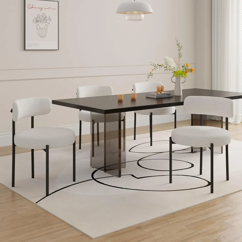 Hawthyhome Esszimmerstühle 4er Set丨Teddy Stoff Runde Boucle Stühle·Mid-Century gepolsterte Küchenstühle·Dining Chairs mit Metallbeinen·Creme Wei߷