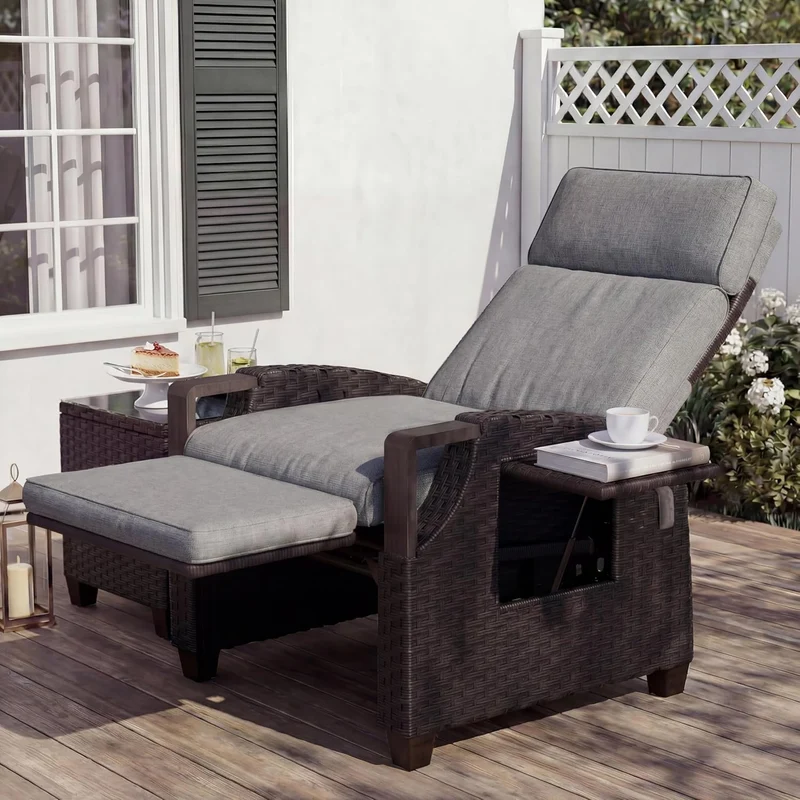 Grand patio Relaxliege Rattan Braun/Dunkelgrau, verstellbarer Liegesessel mit Sitzkissen & Beistelltisch, Garten & Terrasse