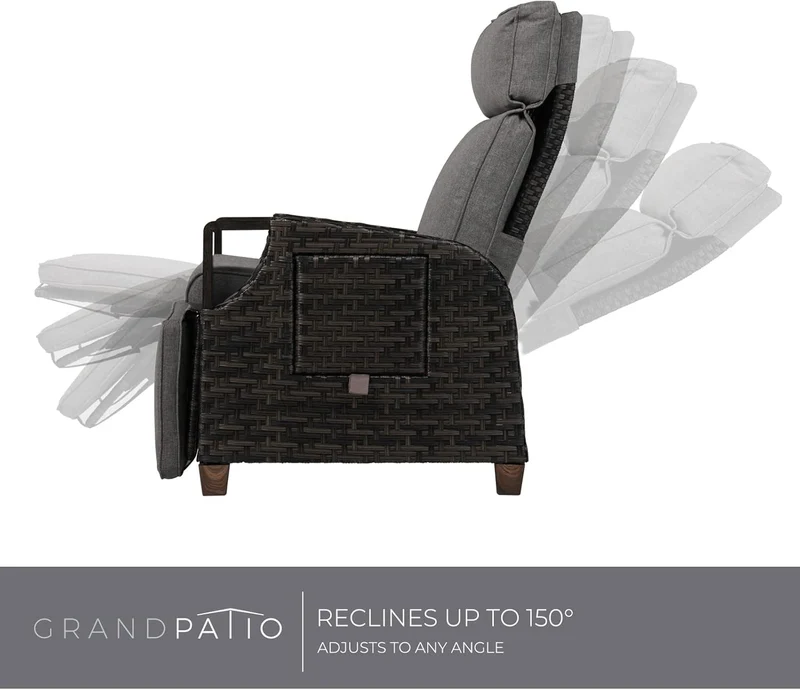 Grand patio Relaxliege Rattan Braun/Dunkelgrau, verstellbarer Liegesessel mit Sitzkissen & Beistelltisch, Garten & Terrasse