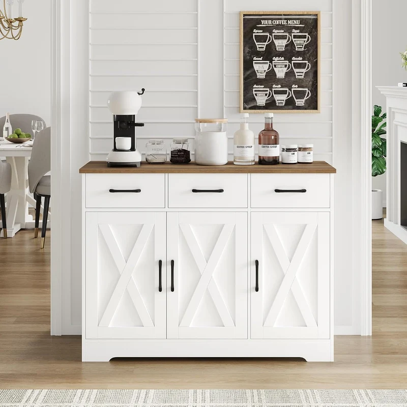 HOCSOK Sideboard, Küchenschrank mit Verstellbaren Ablagen, Weiß & Braun