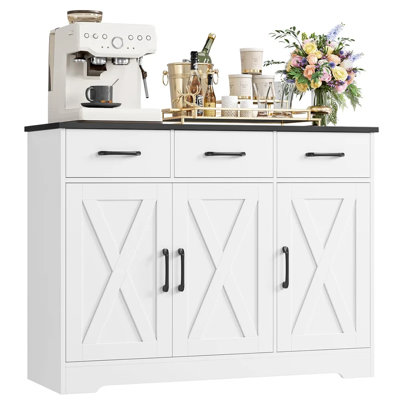 HOCSOK Sideboard, Küchenschrank mit Verstellbaren Ablagen, Weiß & Braun